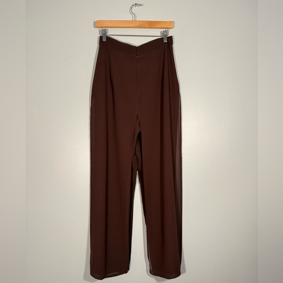 MSK Chocolate Wide-Leg Chiffon Women's Pants, Brown Panel Overlay Dress Pants M - Picture 11 of 16